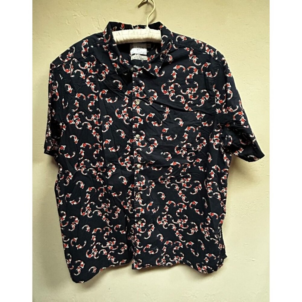 Goodiellow & Co Men's Slim Fit Koi Fish Button Up Short Sleeve Shirt XXL Black